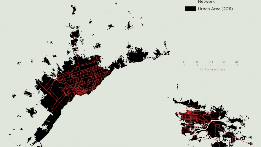 Greater Toronto and Hamilton Area and Metro Vancouver, 2011 Urbanized Area and 2009 Frequent Transit Network